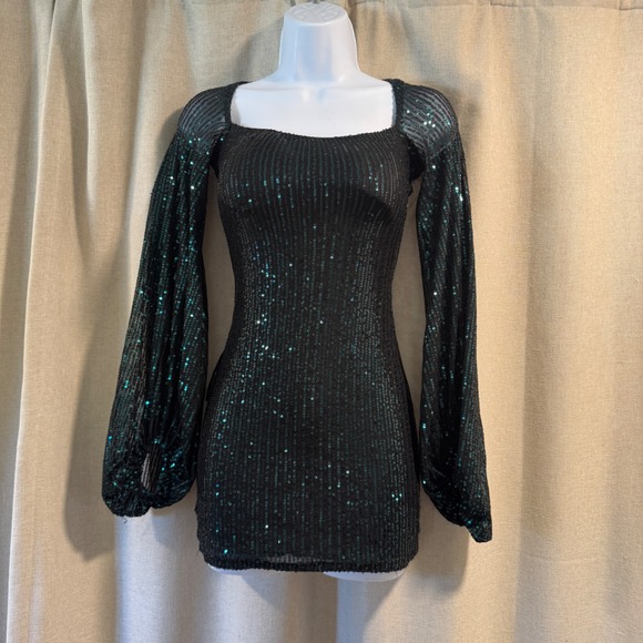 Lucy In The Sky Mini Dress Teal Green Sequin Bodycon Long Sleeve Square Neck - Picture 1 of 9